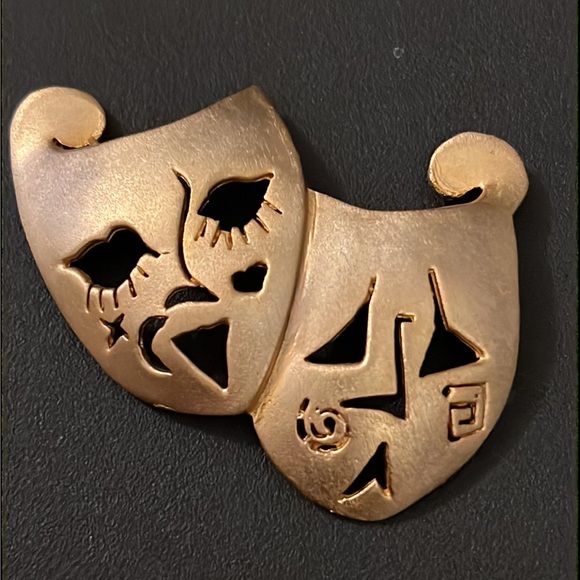 Vintage Ultra Craft Gold Plated Cut Out Double Celestial Theater Mask Brooch - Picture 2 of 7